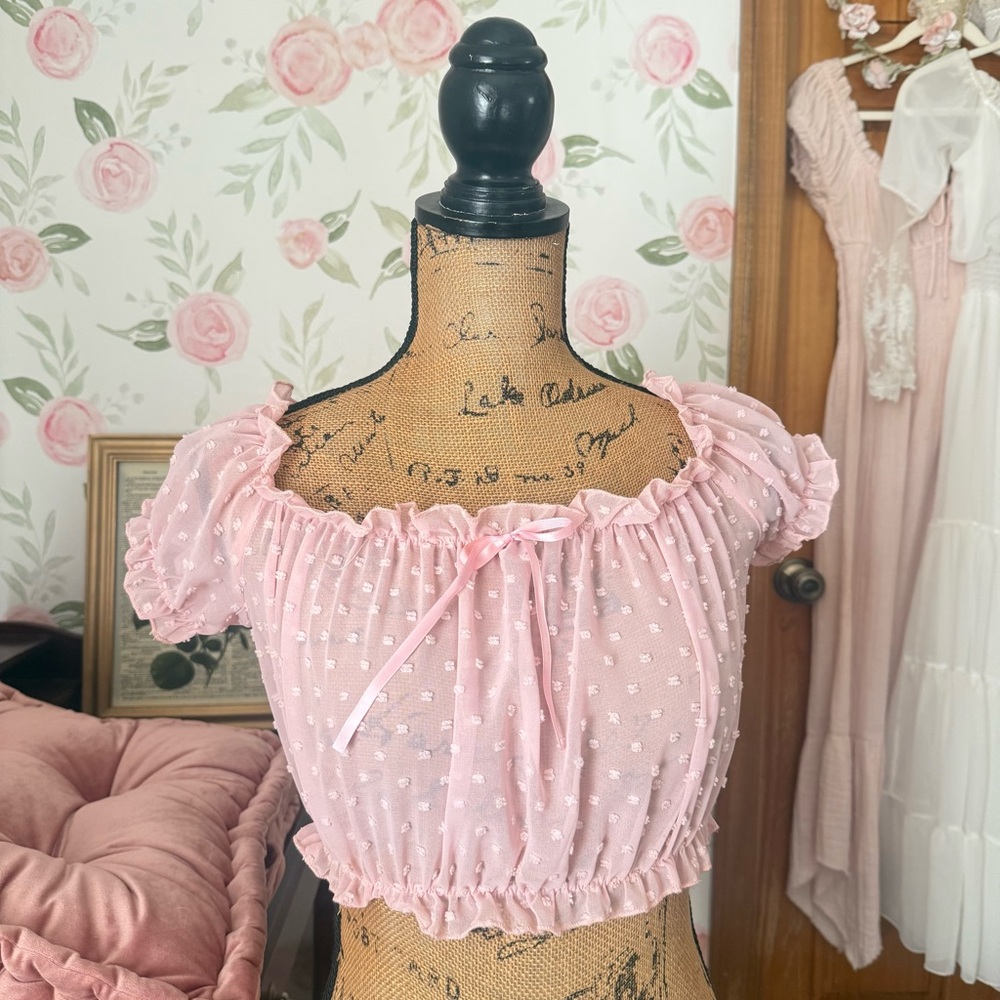 Pink Milkmaid Crop Blouse With Bow